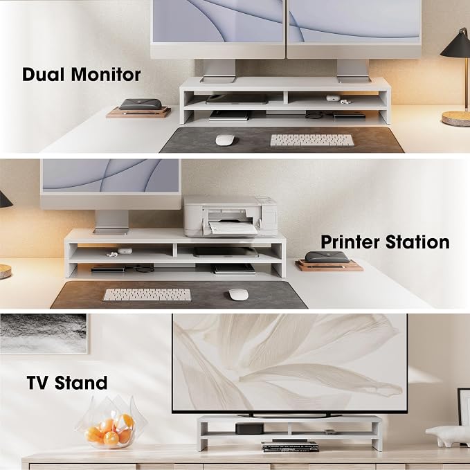 Fenge 31.5 Inch Dual Monitor Stand Riser for Desk, White | Wooden Desk Shelf, 2-Tier Open Storage Compartment, for PC Laptop Screen Printer, Home Office Desktop Organizer