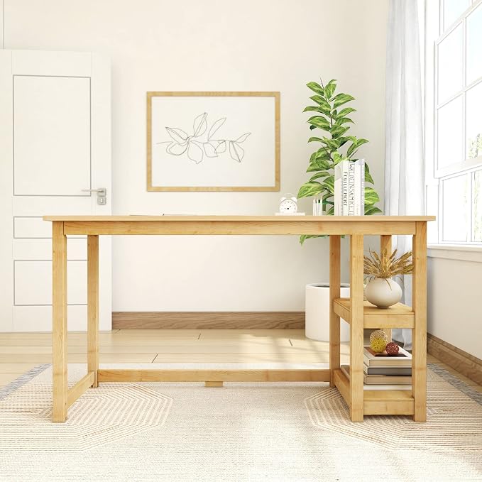 Plank+Beam Classic Desk, 55 Inch, with Shelves, Natural | Wooden Computer Desk with Shelves, Non-Toxic Finishes, Large Desk Space, Engineered Wood, Matching Style, Solid Wood