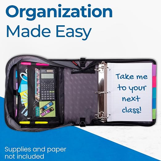 Case-it School Zipper Binder | 4-Inch D-Rings | 800-Sheet | D-186 Jet Black | King Sized Zip Tab, 5-Subject Expanding File Folder, Multiple Pockets, Storage Organizer, Shoulder Strap, Office