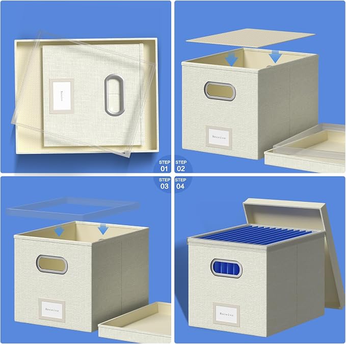 File Organizer Box - File Boxes for Hanging Files with Lid Set of 2 Decorative Hanging Folders Organizer with One-Piece Plastic Frame Slides (Beige White, 13.2 * 10.1 * 10.1in(2Pack))