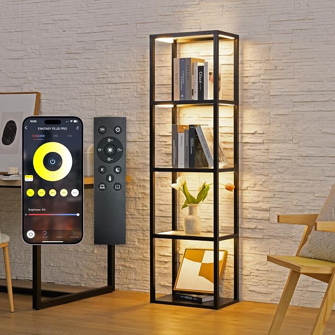 LED Display Shelf with Lights – Glass Display Cabinet for Collectibles with Dimmable Lighting, App & Remote Control – 66” Curio Shelf Floor Lamp with Adjustable Color Temps – FENLO Fantasy Plus Pro