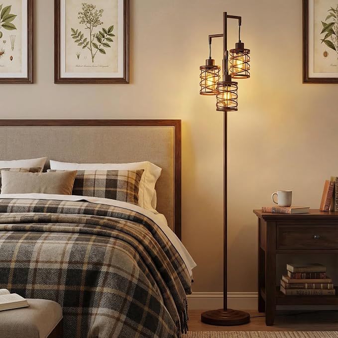 70" Industrial Floor Lamp, Stepless Dimmable Standing Lamp with 3 Bulbs, Farmhouse Corner Standing Tree Lamp for Living Room, Tall Lamps for Bedroom, Office, Study Room, Dining Room