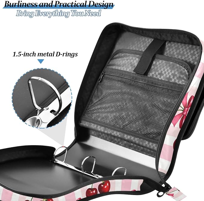 Zipper Binder 3 Ring 1.5 Inch D-Ring Red Cherries Bow File Folder Organizer | Multi-pocket Storage; Expanding Pocket; Secure Travel Document Organizer; Ideal for Commuting, Travel, Office and School
