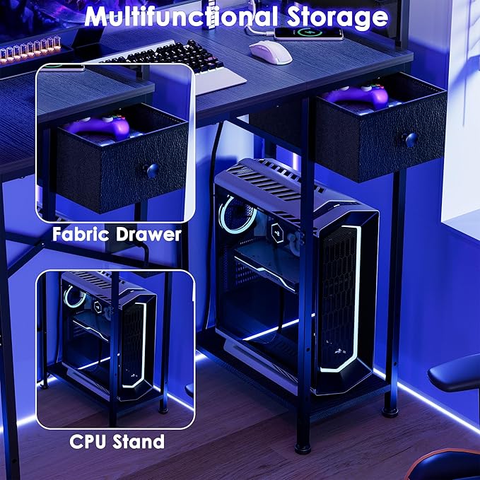 33.7 Inch Small Gaming Desk Table with LED Lights & Power Outlets, Compact L Shaped Gaming Computer Desk with CPU Stand, Drawer & Storage, Corner PC Desk for Kids, Home Office , Bedroom, Black