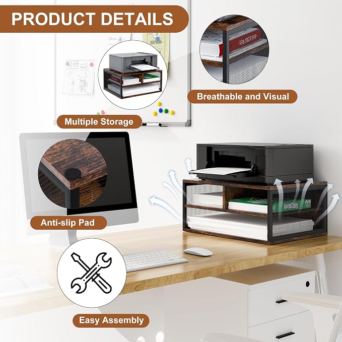 TQVAI Wood Desktop Printer Stand for Countertop, Built-in Shelves for Paper, Ink Cartridges, Supplies, 2 Tier Multi-Functional Printer Organizer for Home Office with Metal Frame，Antique Brown
