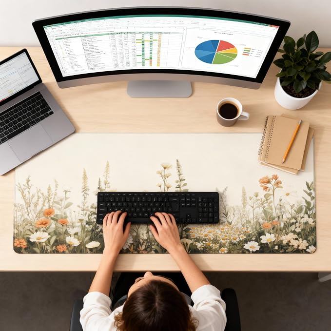 Floral Aesthetic Wildflower Gaming Mouse Pad, Beige Vintage Botanical Desk Mat with Anti-Slip Base & Stitched Edges, Office & Home Desk Decor for Women, 35.4" x 15.7" in Computer Desktop Mat