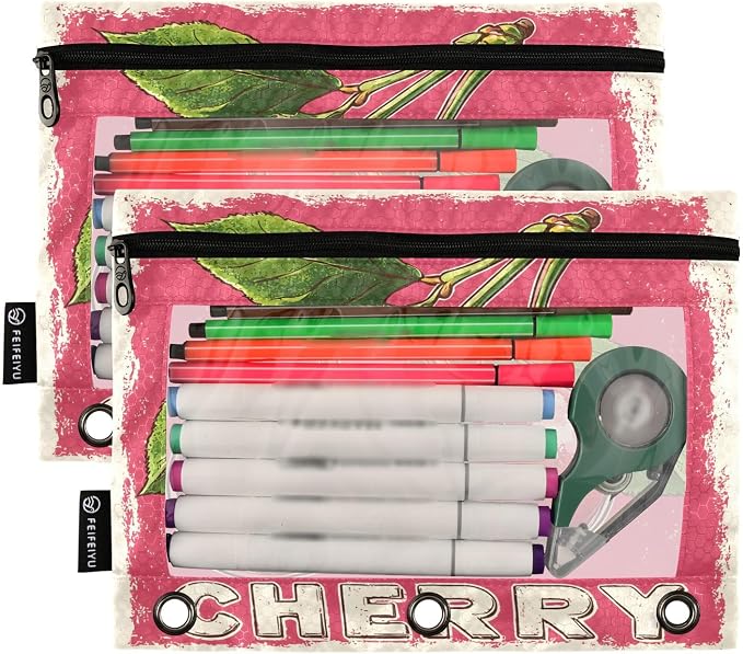Red Cherry Print Pencil Pouch for 3 Ring Binder, 2 Pack Waterproof Pencil Bags Clear Window Pencil Case Zipper School Office Supplies