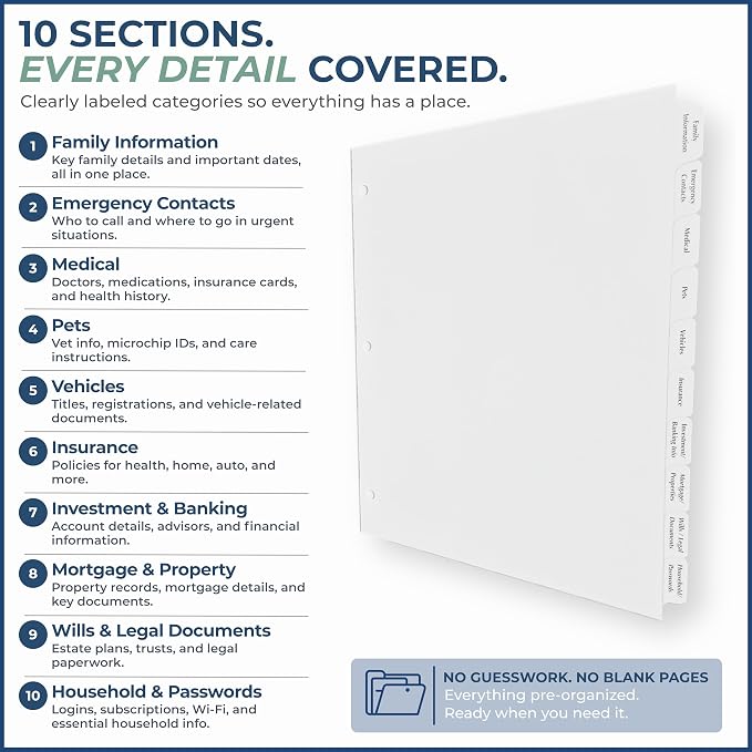 TRS Legacy Planning Portfolio | Important Documents Organizer Binder Kit, Family Emergency Organizer for Medical, Insurance, Passwords & Pets, 1.5" D-Ring with Pre-Labeled Tabs | Charcoal Gray Linen