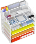 Docnest 5 Tier Mesh Desk Organizer with Letter Tray & Paper Sorter, White | Features 3 built-in pen holders & 5 adjustable compartments on top. Includes 4 non-slip rubber feet for desk protection
