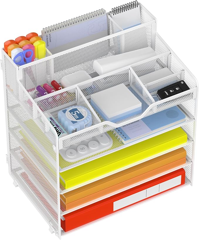 Docnest 5 Tier Mesh Desk Organizer with Letter Tray & Paper Sorter, White | Features 3 built-in pen holders & 5 adjustable compartments on top. Includes 4 non-slip rubber feet for desk protection