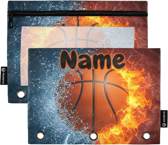 Custom Basketball Ball Pencil Pouch for 3 Ring Binder, 2 Pack Personalized Name Waterproof Pencil Bags Clear Window Pencil Case School Office Supplies