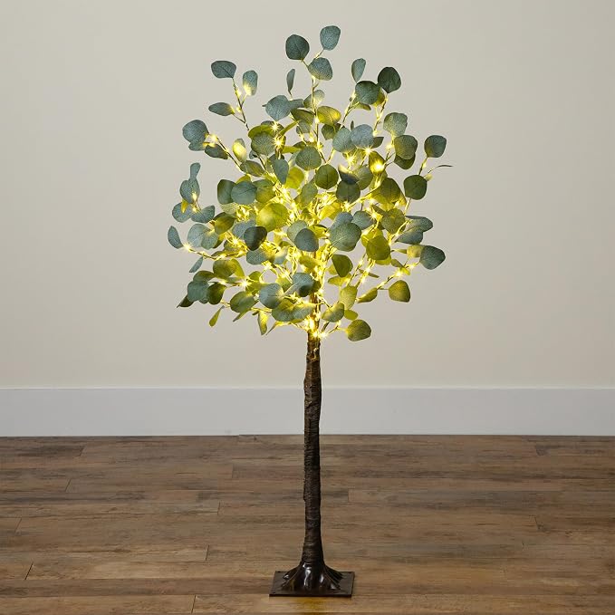 Nearly Natural 4-FT Lighted Artificial Eucalyptus Tree, Faux Eucalyptus Tree in Green for Home & Office Décor with Square Base Stand, 240 Warm White LED Lights