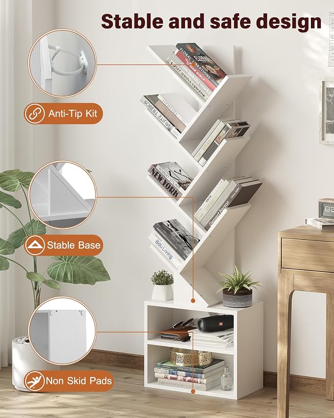 SUNMORY 6 Tier Tree Bookshelf, Tall Small Bookcase with Storage Cabinet | Modern Narrow Bookshelves Organizer, Floor Standing Book Case Shelf for Bedroom Living Room Home Office Corner, White