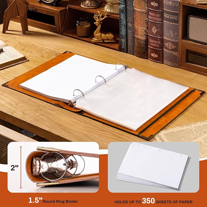 OVESMUSL 4 Pack PU Leather 3 Ring Binder, 1.5 Inch Green Tree | Fits 8.5x11 letter paper, holds 350 sheets, loose leaf organizer