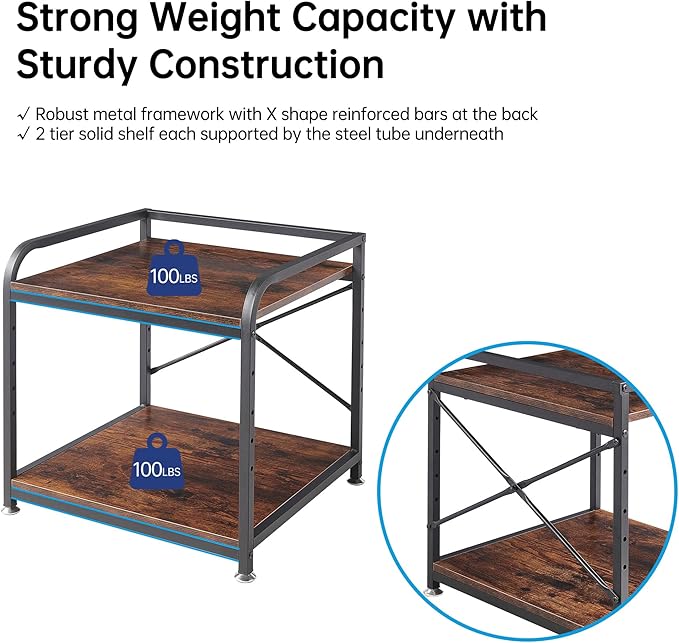 Fannova Large Size Under Desk Printer Stand, Height Adjustable Top Shelf | Table Top 20"x20", Fits 3D/Laser Printer, Heavy Duty Industrial Wheels, 2 Tier Rolling Cart Home Office Storage, Rustic Brown