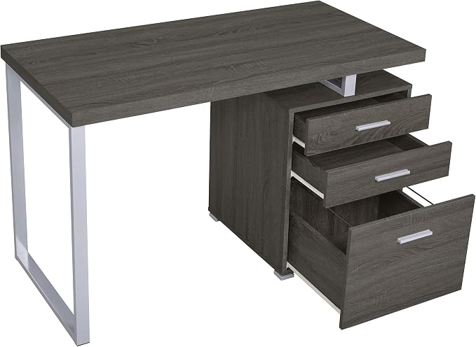 Coaster Home Furnishings Brennan Modern Contemporary Home Office 3-Drawer Writing Desk with Drawers Computer Desk Study Table File Cabinet Storage Silver Metal Frame Weathered Grey 800520