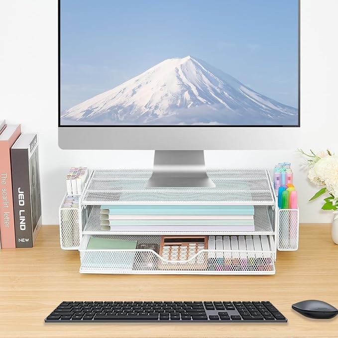 AUPSEN Computer Monitor Stands Riser，2-Tier Desk Organizers and Accessories, Office Desk Accessories Organizer with Drawers and 2 Pen Holder for Office Supplies (White)