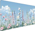 Cute Floral Aesthetic Wildflower Gaming Mouse Pad, Sky Blue Anime Desk Mat with Anti-Slip Base & Stitched Edges,35.4" x 15.7" in Desk Accessories for Women, Home Office Decor & Artistic Gift
