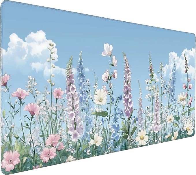 Cute Floral Aesthetic Wildflower Gaming Mouse Pad, Sky Blue Anime Desk Mat with Anti-Slip Base & Stitched Edges,35.4" x 15.7" in Desk Accessories for Women, Home Office Decor & Artistic Gift