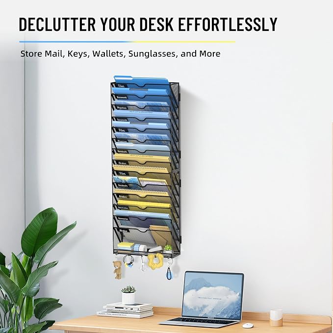 15-Tier Wall File Organizer with Hooks, Hanging File Organizer | Metal Mesh Mail Organizer, Wall Mounted File Organizer for Home, Classroom, Office Organization