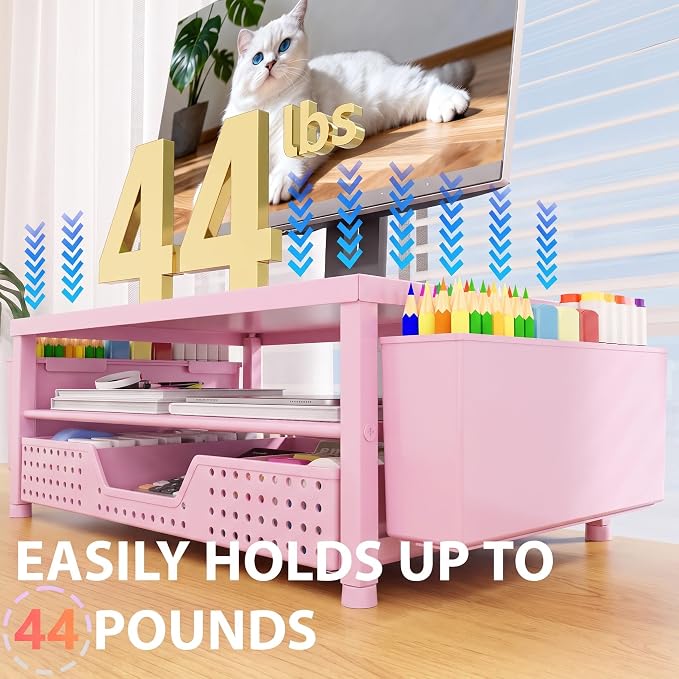 Desk Organizers and Accessories, Computer Monitor Stand Riser with Drawer and 2 Pen Holders, Printer & Laptop Stand, Office Desk Accessories & Workspace Organizers for Home Office Supplies, Pink
