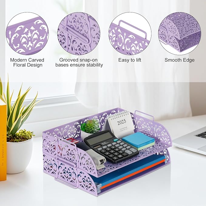 EasyPAG Paper Organizer for Desk 2 Tier Stackable Paper Tray for A4 Legal Size Folders Metal File Storage Desktop Organizer for Home Office School Teacher, Purple