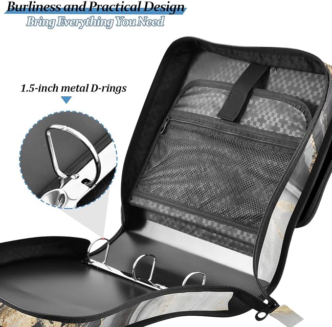 ALAZA Zipper Binder 3 Ring Black and White Gold Marble Binder Organizer with Zipper and Shoulder Strap Large Capacity Multi-Pocket Trapper Keeper File Folder for Office Supplies