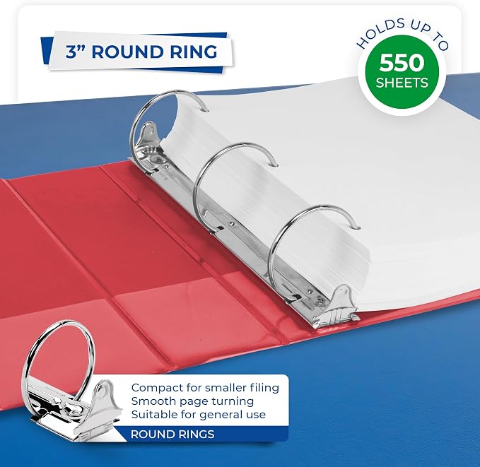 Samsill 3 Inch 3 Ring Binders, Economy Round Ring, Clear View Cover, 550 Sheet Capacity - for School, Home, Office - Red, 4 Pack