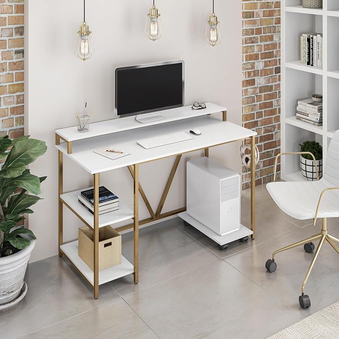 Techni Mobili 47" Computer Desk w/Shelves, Monitor Stand & CPU Caddy, Gold | 47" industrial computer desk with shelves, monitor stand, accessory holder, mobile CPU caddy, 2‑tier shelf for home office