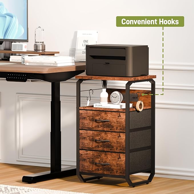 runjuly End Table with LED Light, Charging Station, and Hooks, Rustic Brown | 3 Fabric Drawers Storage, Type C & USB Ports & Power Outlets, Industrial Wood, Small Nightstand for Living Room / Bedroom