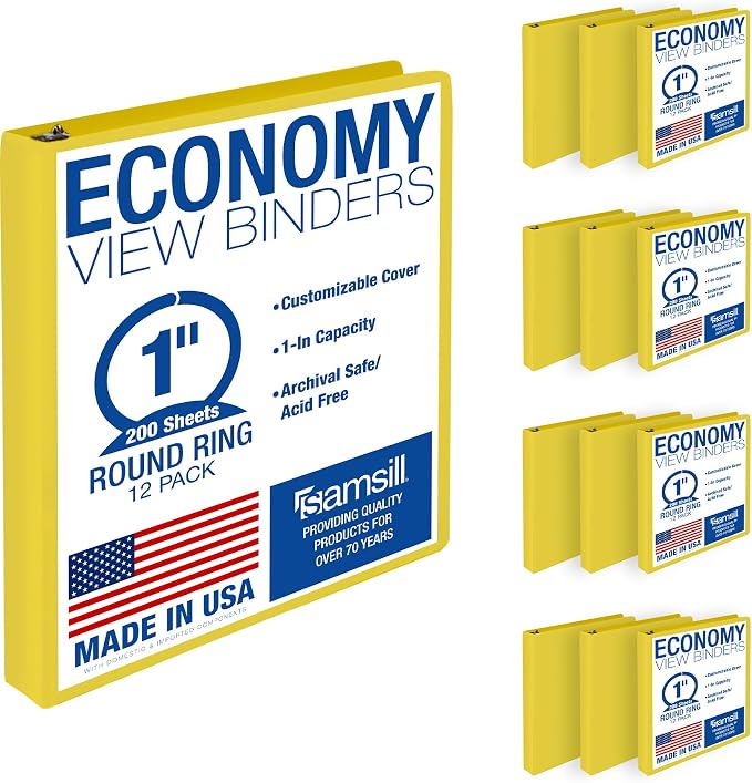 Samsill 1 Inch 3 Ring Binders, Economy Round Ring, Clear View Cover, 200 Sheet Capacity - for School, Home, Office - Yellow, 12 Pack