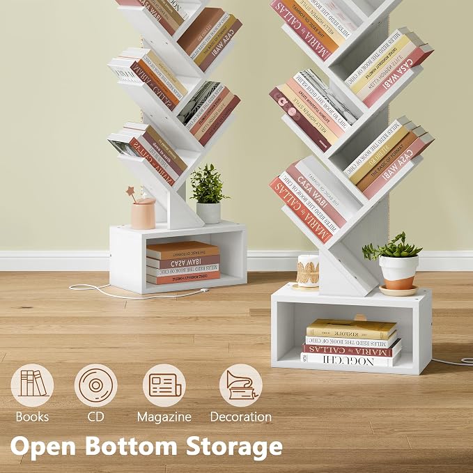 Hoctieon 9 Tier Tree Bookshelf, Tall Bookcase, Freestanding Book Shelf with LED Lights, Display Floor Standing Storage Shelf, Book Organizer Shelves for Home Office, Living Room, White