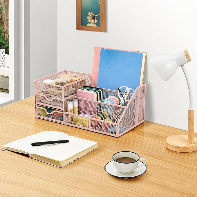 Lavatino Mesh Desk Organizer with 6 Compartments & 2 Drawers, Larger Multi-functional Desktop and Workspace Accessories Organizer for Office, Classroom, Dorm Supplies (Pink)