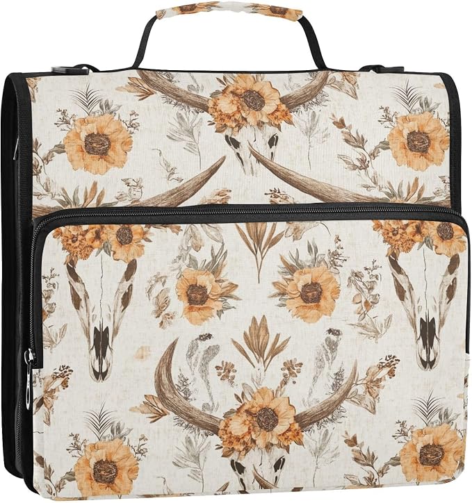 Western Boho Cow Skull Flower Zipper Binder with Shoulder Strap Bag 3 Ring Binder Organizer Large Capacity Multiple Compartments for School Office