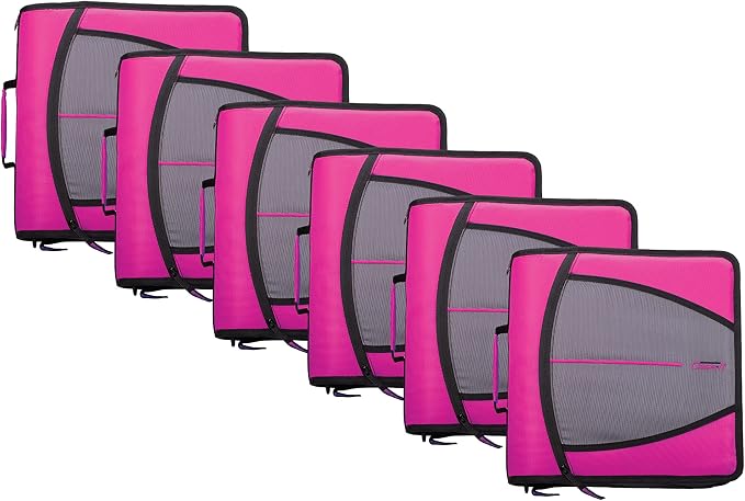 Case-it School Zipper Binder | 3-Inch O-Rings | 600-Sheet | D-146 Magenta | Mighty Zip Tab, 5-Subject Expanding File Folder, Multiple Pockets, Storage Organizer, Shoulder Strap, 6-Pack, Office