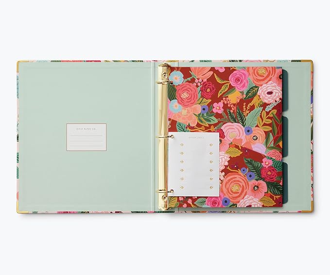 RIFLE PAPER CO. Garen Party Classic Binder w/Soft-Touch Illustrated Cover | 1" 3-Ring Binder, Holds 175 Pages, 3 Tabbed Dividers, Double-Sided Pocket Folder, 6 Adhesive Labels, Reinforced Metal Corners