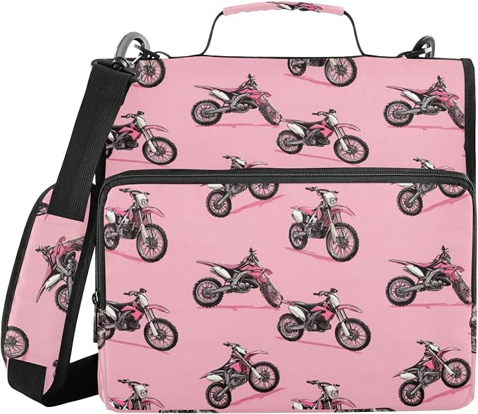 Fisyme Dirt Bike Motocycles Zipper Binder 3 Ring with Zipper and Shoulder Strap Large Capacity Multi-Pocket Binder Organizer