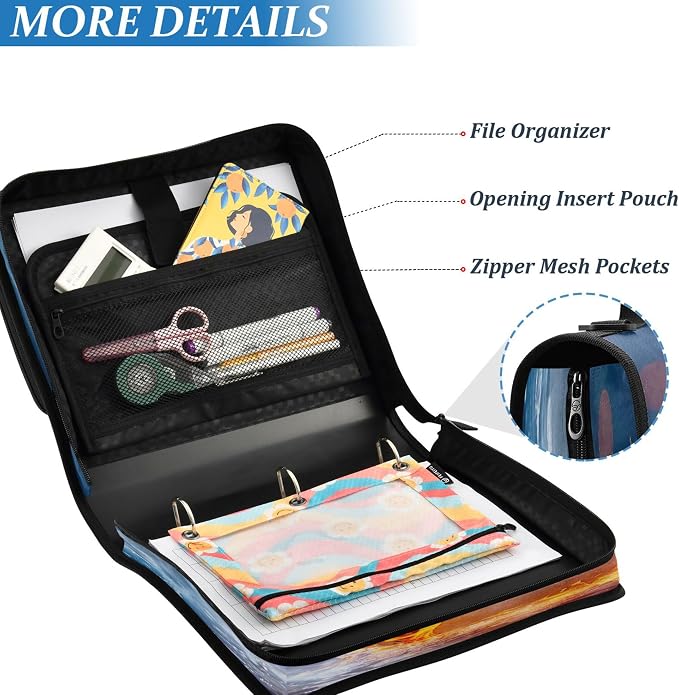 3 Ring Zipper Binder Firing Baseball Binder Organizer Portfolio with File and Shoulder Strap & Handle Large Capacity File Folder