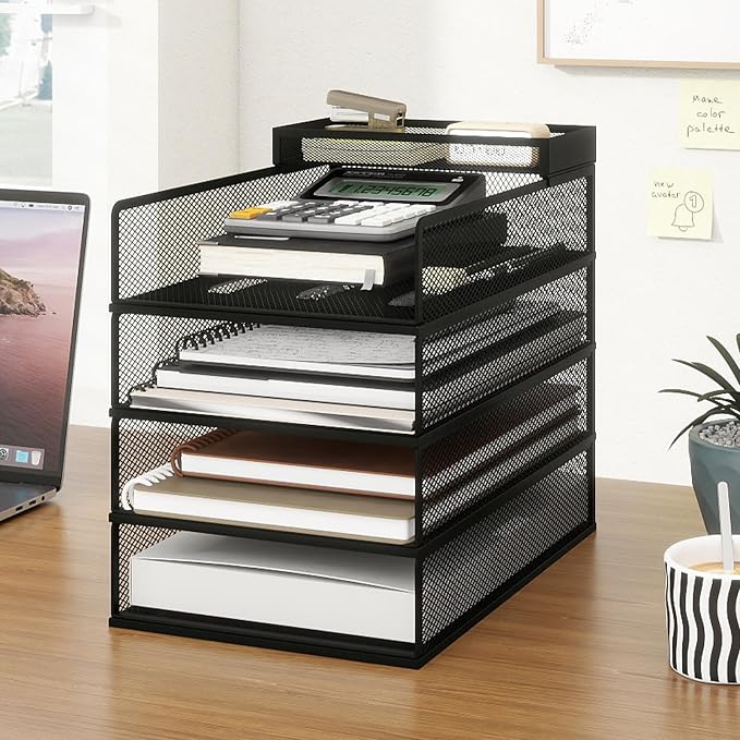 Natwind 4-Tier Stackable Metal Mesh Letter Paper Tray Organizer,Black | Desk Organizer For Paper,Document,Mail Tray For Office Supplies,File Holder For Home Office School Classroom Organization