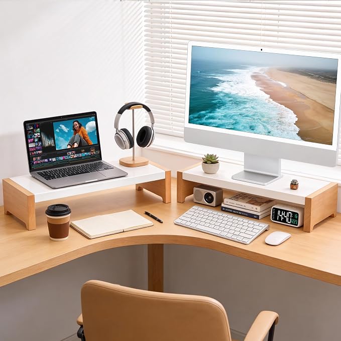 Monitor Stand Riser | White Metal & Wood Computer Monitor Stand Riser for Desk, Max Load Capacity 40LB