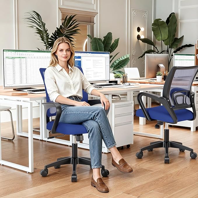 BestOffice Ergonomic Office Chair | Mid-Back Swivel Desk Chair | Blue | with Lumbar Support, Adjustable Height & Breathable Backrest | Sponge Seat & Rolling Wheels | for Home, Office | Pack of 1