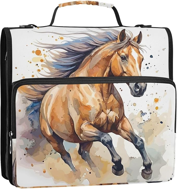3 Ring Zipper Binder with Shoulder Strap Horse Watercolor 2 Inch Zippered Binder Bag 500 Sheet Capacity Multi Pockets for School Supplies