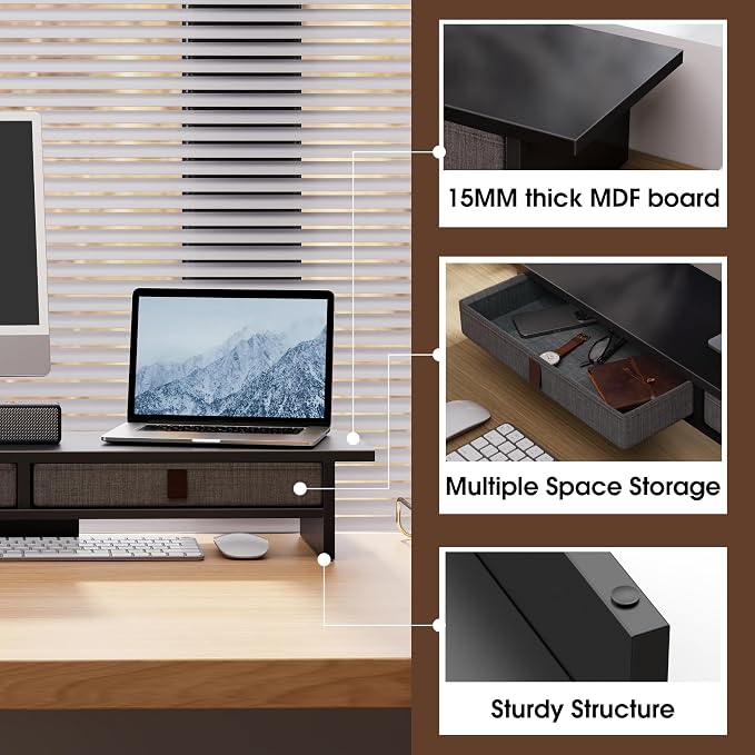 Fenge 35 Inch Monitor Stand with Drawer Storage, Computer Riser for Desk | Wooden Computer Shelf, 2 Tiers, for Dual Monitor/Laptop/PC/TV/Printer up to 55Lbs, Home Office Desk Organizer