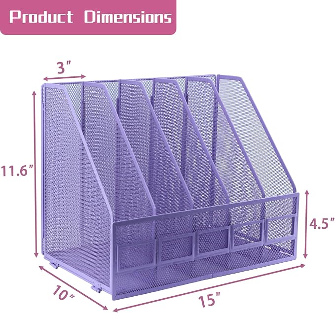 Desk Organizers, Metal Magazine File Holder with 5 Vertical Compartments Rack Binder File Organizer for Office Supplies, Home Workspace - Purple