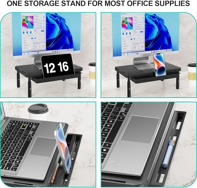 WALI Computer Monitor Stand with Storage, Monitor Riser 3 Height Adjustable | Laptop Riser with Airflow Vents, Desk Organizer for Computer, Printer, Notebook (PTT002-B), 1 Pack, Black