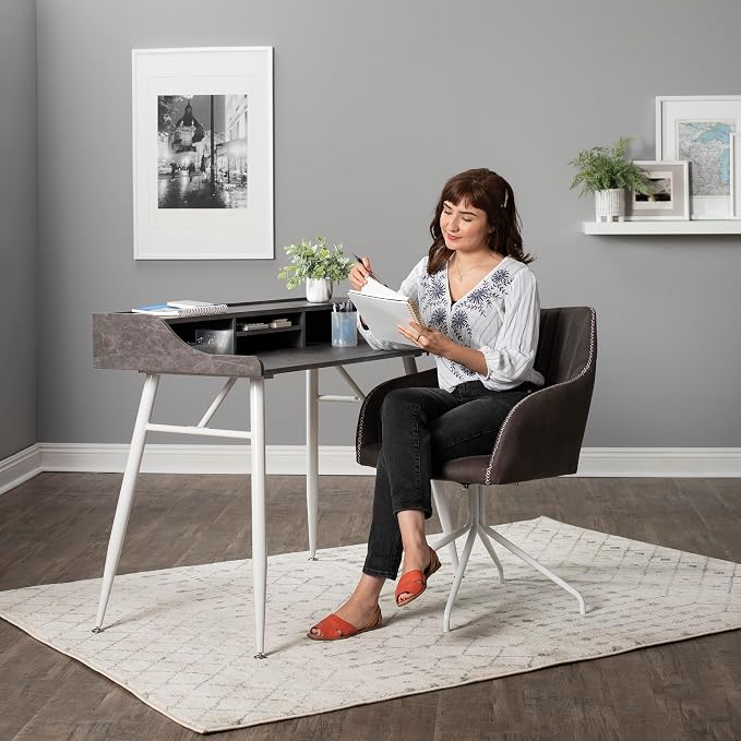 Calico Designs Woodford 45” Wide Modern, Secretary, Writing, Desk with Low Storage Hutch and Whtie Metal Tapered Legs in Marbled Dark Grey, White