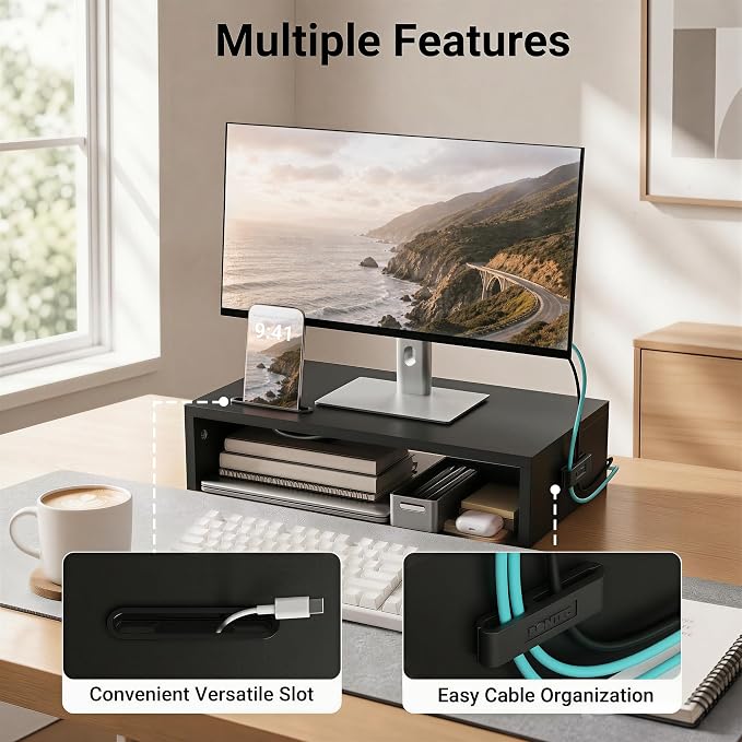 1home Monitor Stand Riser, 16.7 Inch Wood Monitor Riser Stand with Storage Organizer, Desktop Ergonomic Monitor Stand Riser with Cellphone Holder and Cable Management, Black | 16.7 Inch Wood Monitor Riser Stand, Desktop Stand for PC/TV/Laptop/Printer, ...