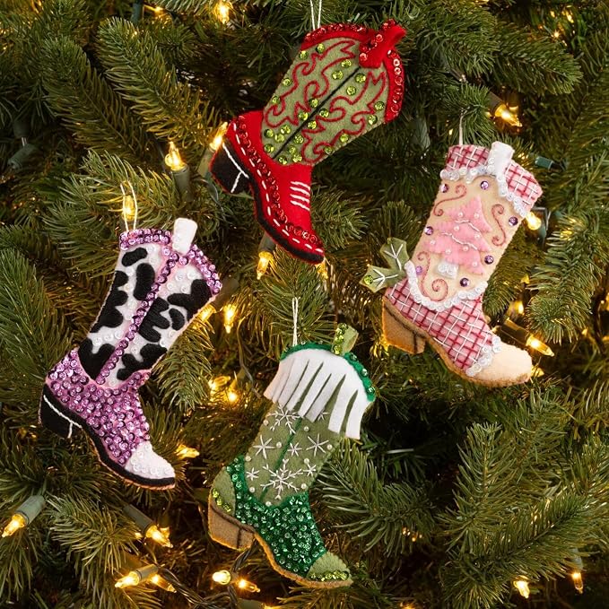 Bucilla Felt Applique 4 Piece Ornament Making Kit, Boots and Bling, Perfect for DIY Arts and Crafts