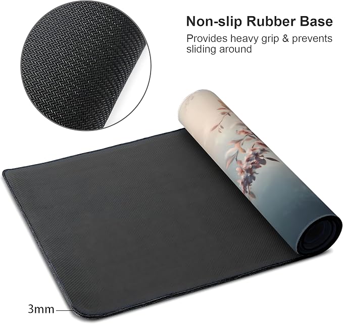 Cute Floral Aesthetic Azalea Gaming Mouse Pad, Ink Blue Red Dreamy Desk Mat with Anti-Slip Base & Stitched Edges,35.4" x 15.7" in Table Mat for Computer Desktop, Beautiful Workstation Decor