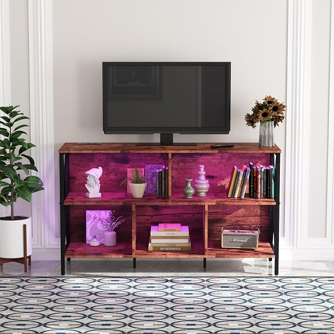 Adompacat 47" 5 Cube LED Bookshelf, Industrial Horizontal Storage Organizer, Wood Metal Low Wide Cubby Bookcase with LED Lights, Open Shelf for Living Room Bedroom Game Room(47 in, Brown)
